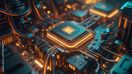 Cyberpunk processors glowing network motherboard circuits futuristic technology background high detail digital animation scene