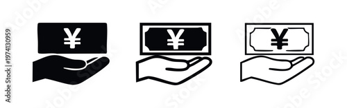 Hand Holding Yen Banknote Icon Set. Japanese Currency, Payment, and Financial Transaction Symbol.