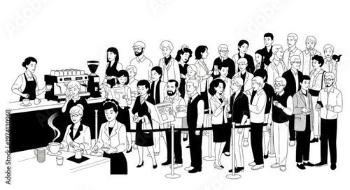 Diverse group of people queuing at a busy coffee shop counter.