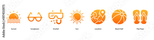 Summer Vacation web banner icon vector illustration featuring Sunset, Sunglasses, Snorkel, Sun, Location, Beach Ball, and Flip Flops for a perfect holiday vibe.