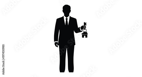 Man in suit holding key and small house black silhouette