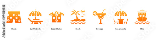 Beach Relaxation web banner icon vector illustration featuring Shorts, Sun Umbrella, Beach Clothes, Beach, Beverage, Ship, and Sun Umbrella for seaside enjoyment.