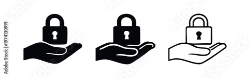Hand Holding Padlock Icon Set. Security, Protection, and Data Privacy Symbol.
