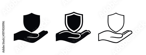 Hand Holding Shield Icon Set. Protection, Security, and Safety Symbol.