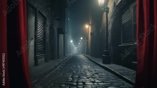 Velvet curtains reveal foggy alleyway shadows cinematic noir atmosphere dark urban mystery scene dramatic visuals