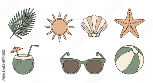 Summer Aesthetic Vector Icon Set Tropical Elements in Muted Earth Tones