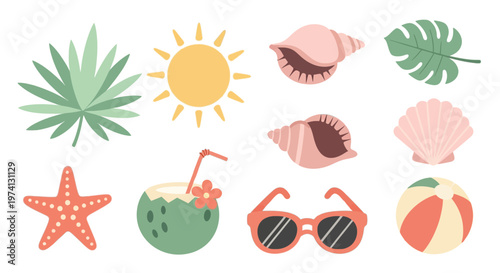 Summer Tropical Vector Elements Set Flat Illustration in Bright Pastel Colors