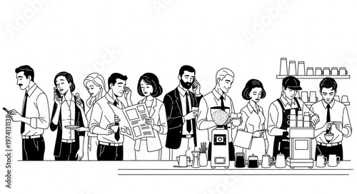 Diverse group of people standing in a line, engaged with their devices.