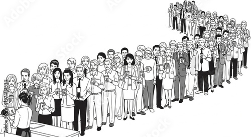 Diverse Group of People Standing in a Long Line.