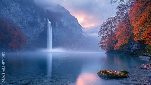 Peaceful waterfall scene at sunrise or sunset