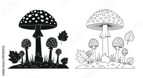 Black and white illustration of various spotted mushrooms and foliage