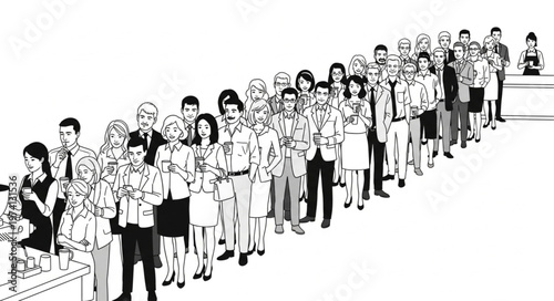 Diverse group of people standing in a long queue waiting for service.