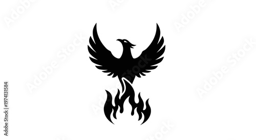 Black Phoenix Rising from Flames Silhouette.