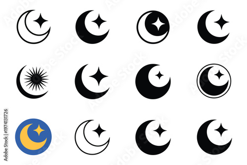 Astronomy and stargazing icon set, set logo of astronomy and stargazing crescent moon and stars, harmonious logo variations of the same emblematic style