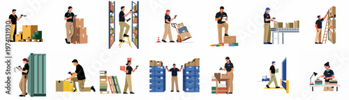 Diverse set of warehouse workers managing inventory, shipping, and logistical processes in a distribution center, depicted in a flat vector illustration style.