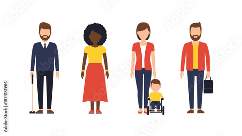 Diverse group of people with different abilities and backgrounds in flat vector style, representing inclusion and equality.