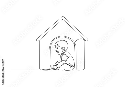 Child sitting in playground playhouse against playground background