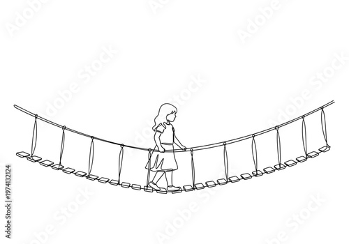 Child walking on rope bridge at playground background