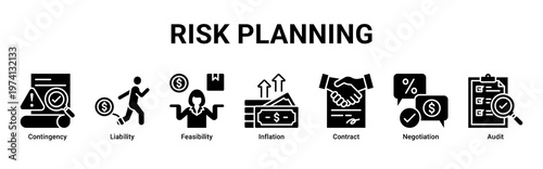 Risk Planning web banner icon vector illustration with icons of Contingency,Liability,Feasibility,Inflation,Contract,Negotiation and Audit