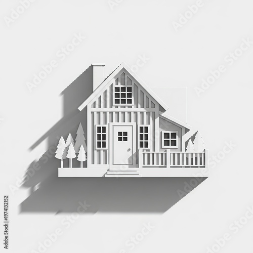 Minimalist White House Architecture with Shadow and Trees.