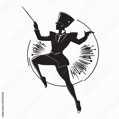 Marching Band Majorette Silhouette Performing With Baton Logo Vector 