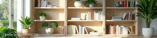 Clean minimalist bookshelf with plants & natural light, plants, conference