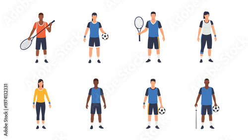 Diverse Athletes Collection with Sports Equipment. Flat Design Vector Illustration Set of People Playing Various Sports.