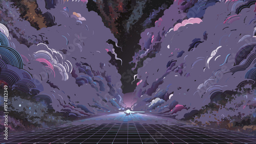 A vast, swirling cosmic landscape unfolds with an abstract, colorful sky and a grid pattern below, evoking a sense of wonder and mystery