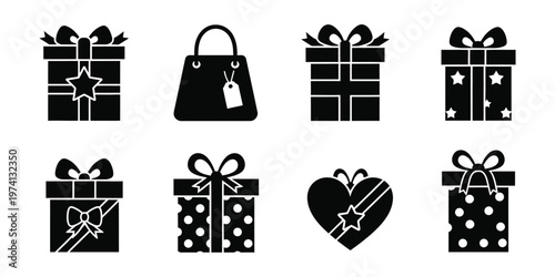 Black silhouette gift and shopping icons set for festive occasions
