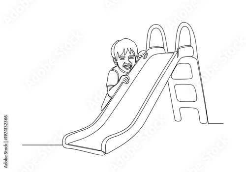 Child sliding down playground slide against playground background