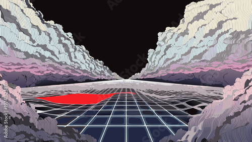 Futuristic digital landscape vector art with an abstract geometric grid receding into a dark void, highlighted by a bold red shape, framed by dramatic stylized clouds