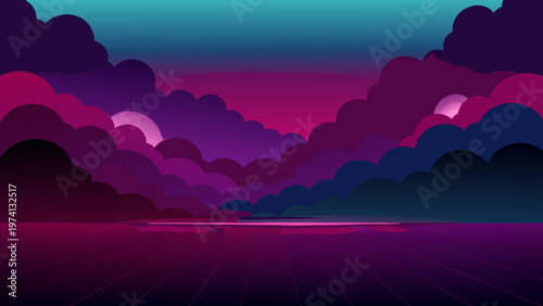 High-resolution abstract cosmic landscape featuring vibrant neon gradient clouds reflecting on a futuristic grid surface, evoking a synthetic dreamscape