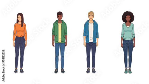 Diverse Young Adults Standing in Casual Clothes - Full Body Vector Illustration