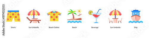 Beach Relaxation web banner icon vector illustration featuring Shorts, Sun Umbrella, Beach Clothes, Beach, Beverage, Ship, and Sun Umbrella for seaside enjoyment.