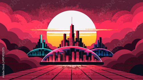 Vibrant retro-futuristic cityscape illustration bathed in a glowing red sunset, showcasing a stunning vaporwave-inspired urban landscape with stylized architecture and neon accents