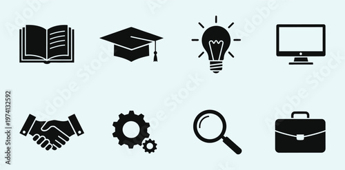 Title education innovation and business icons a comprehensive visual collection description a set of monochrome icons representing learning ideas technology collaboration and