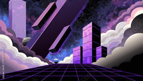 Retro-futuristic cityscape with purple skyscrapers and grid perspective over clouds, evoking a cyberpunk aesthetic