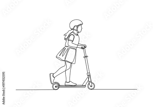 Child riding kick scooter on playground background