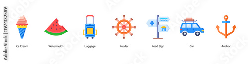 Seaside Journey web banner icon vector illustration featuring Ice Cream, Watermelon, Luggage, Rudder, Road Sign, Car, and Anchor for summer travel vibes.