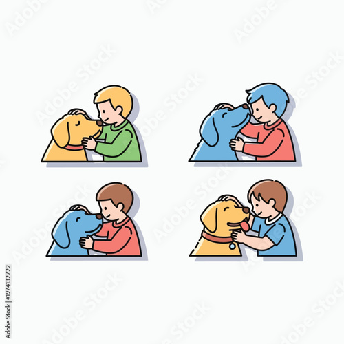 Children Petting Dogs Illustration Set