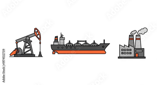 Oil Industry Icons - Pumpjack, Tanker Ship, and Factory Illustration.