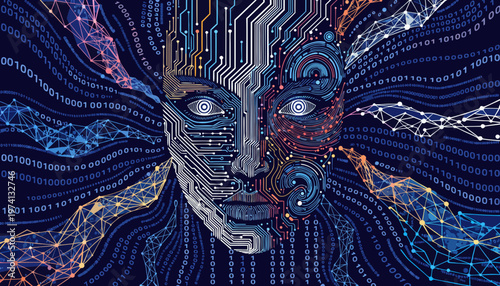 High-tech digital female profile interwoven with neural networks and data streams, symbolizing artificial intelligence, human-tech convergence, and future innovation