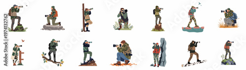 Set of wildlife photographers in camouflage gear with professional cameras and telephoto lenses, exploring various natural landscapes to capture birds and animals.