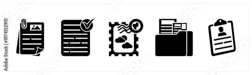 A set of 5 mix icons as document, approved document, portage stamp