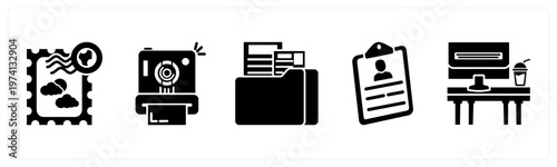 A set of 5 mix icons as postage stamp, instant camera, folder
