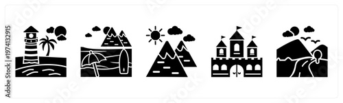 A set of 5 mix icons as beach, hills, fort 