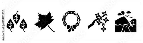 A set of 5 mix icons as leaves, leaf, christmas wreath