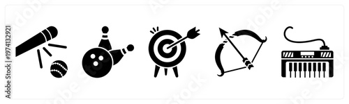 A set of 5 mix icons as baseball, bowling pin, dartboard