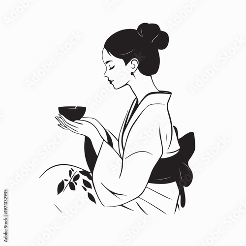 Elegant Woman In Japanese Clothes Holding Tea Cup Vector Illustration