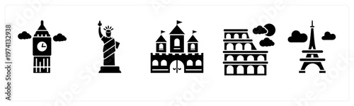 A set of 5 mix icons as clock tower, statue of liberty, fort
